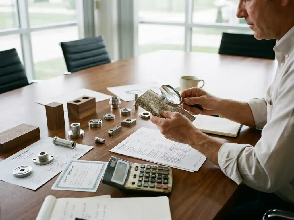 Kleine ondernemer bestudeert productmonsters en prototypes op houten vergadertafel met specificatiebladen en kwaliteitscertificaten