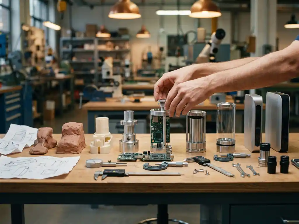 Productontwikkelingstijdlijn met prototypes van schets tot eindproduct op fabriekswerktafel met gereedschappen