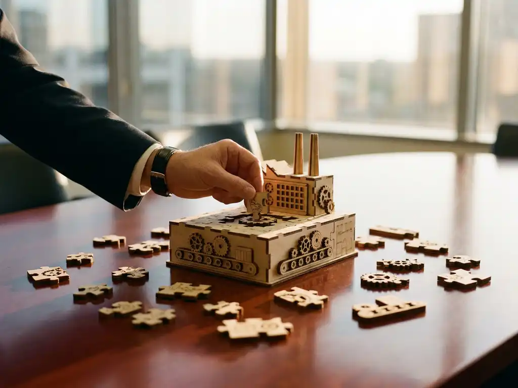 Zakenman plaatst laatste puzzelstuk van houten fabriekmodel op vergadertafel met verspreide tandwielen en transportbanden