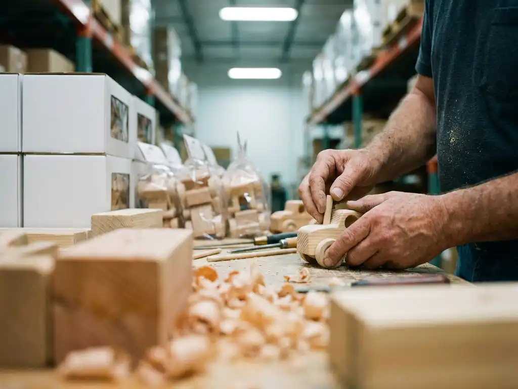 Ambachtspersoon assembleert houten speelgoed prototype aan werkbank met verpakte producten op planken op achtergrond
