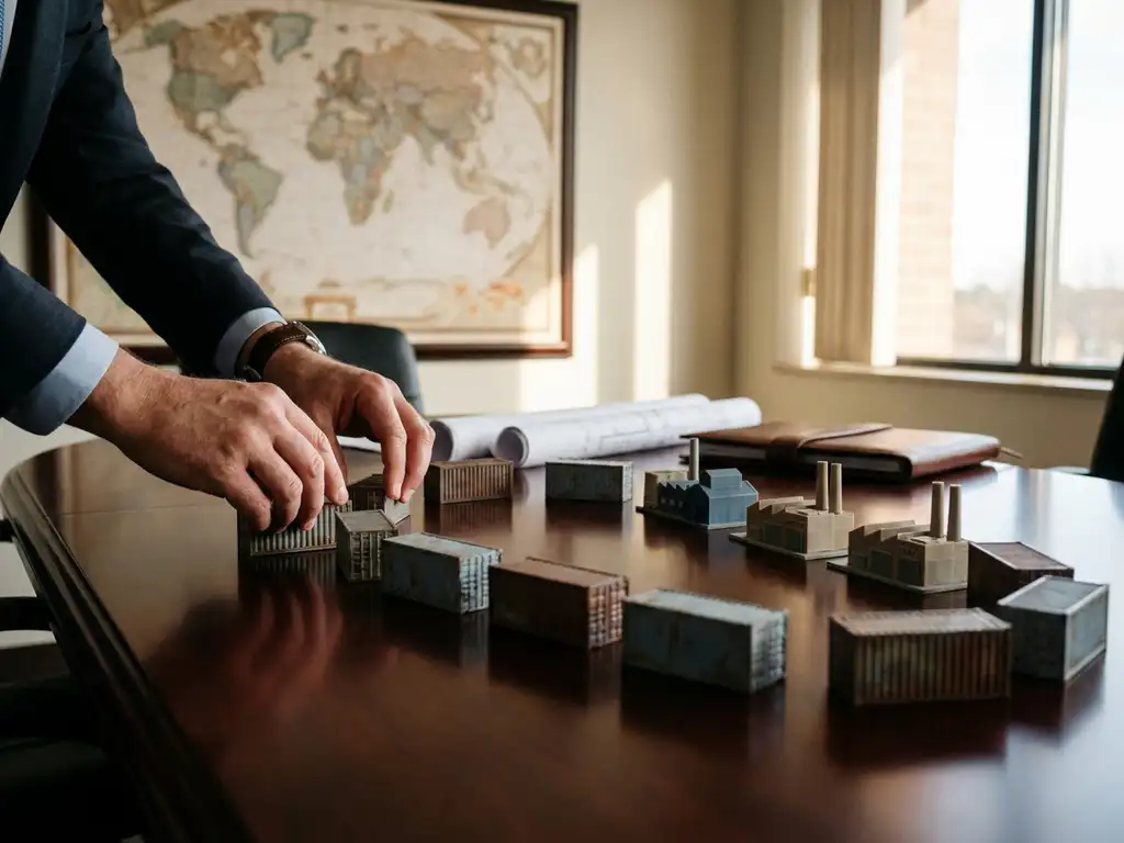 Zakenman rangschikt miniatuur containers en fabrieksmodellen op houten vergadertafel voor supply chain planning