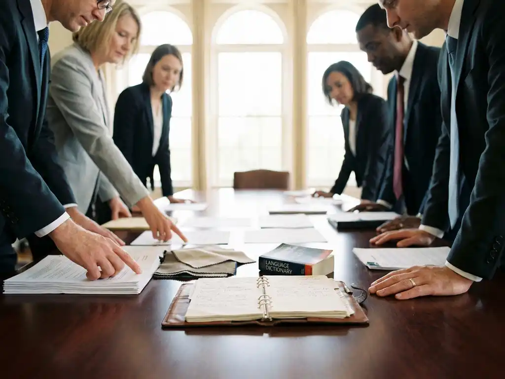 Diverse zakelijke professionals rond vergadertafel bekijken productmonsters en documenten met vertaler's notitieboek