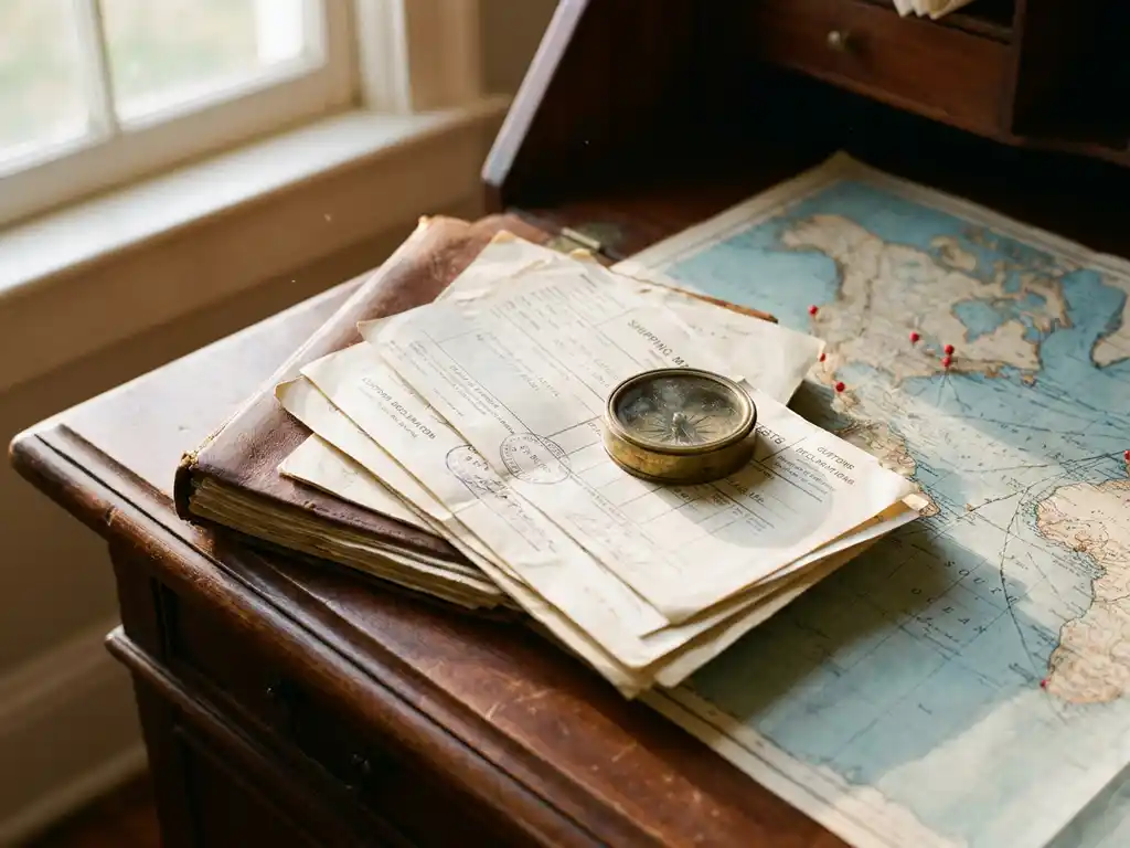 Stapel verzendingsdocumenten en douaneformulieren op houten bureau met wereldkaart, scheepsroutes en vintage messing kompas