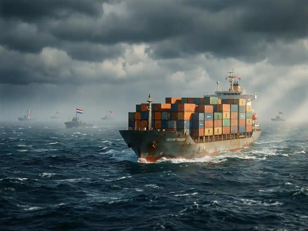Vrachtschip met kleurrijke containers vaart door ruwe oceaanwateren onder stormachtige grijze wolken