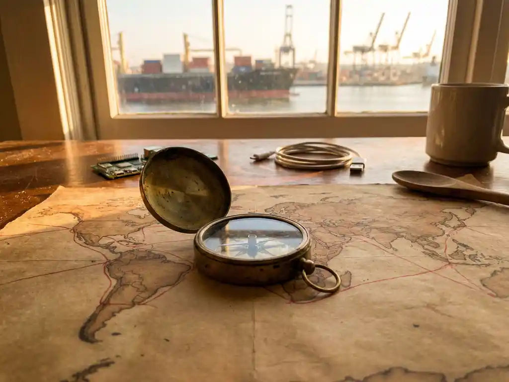 Kompas op wereldkaart met scheepsroutes, omringd door productmonsters, vrachtschip zichtbaar door raam boven drukke haven
