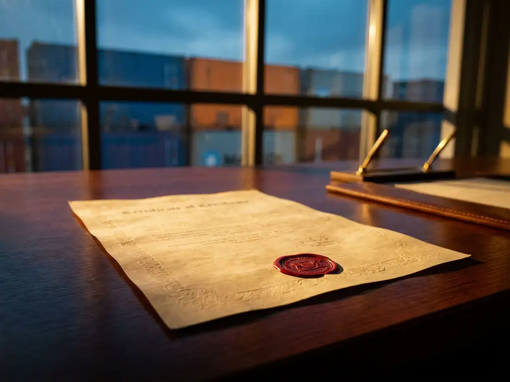 Officieel certificaat met rode lakzegel op mahonie bureau, scheepscontainers zichtbaar door kantoorvenster op achtergrond