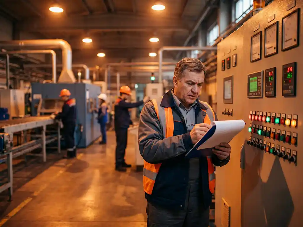 Fabrieksmanager controleert productieschema's voor industrieel controlepaneel met meters en displays op drukke werkvloer