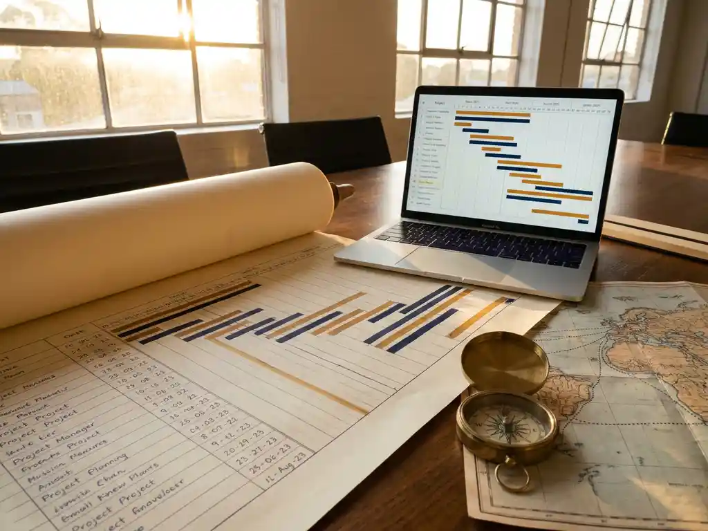 Gantt-grafiek op crèmekleurig papier naast laptop met tijdlijngegevens, wereldkaart met scheepsroutes en messing kompas op houten vergadertafel