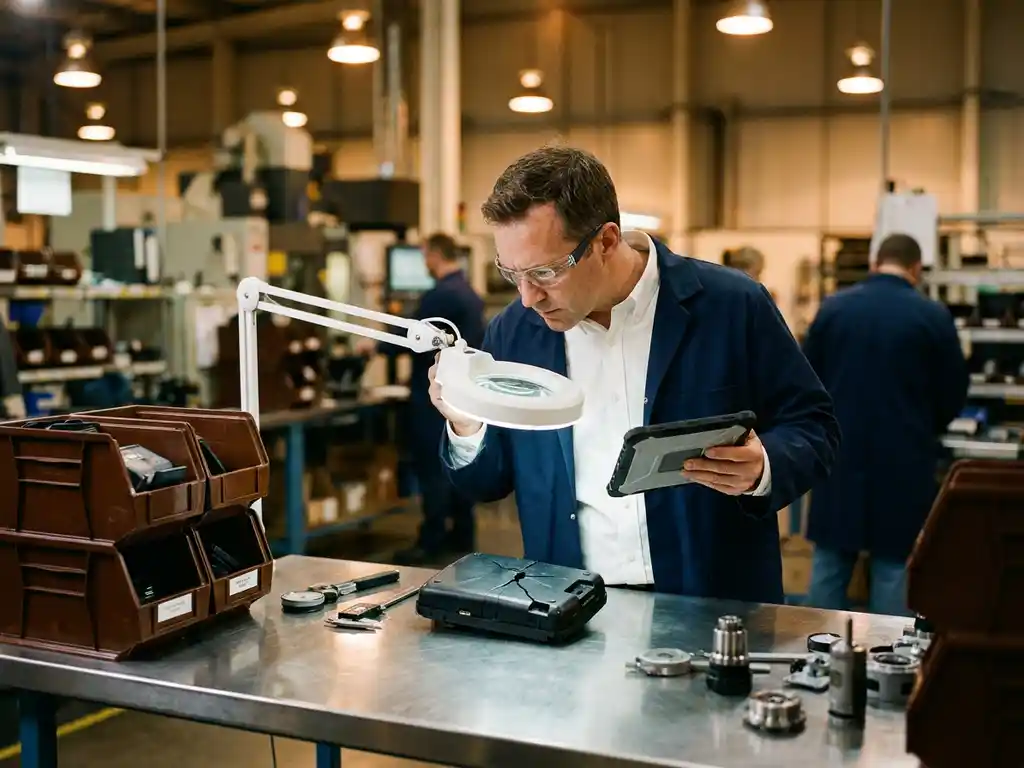 Fabriekscontroleur met digitale tablet onderzoekt defect product op stalen inspectietafel omringd door kwaliteitsapparatuur