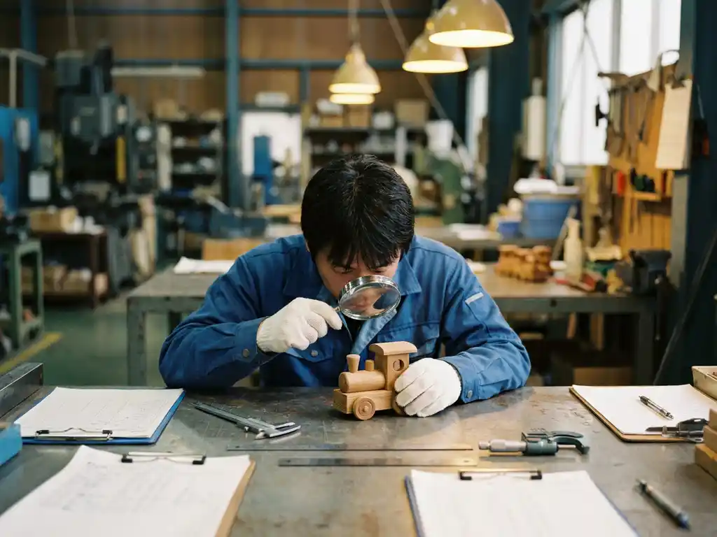 Kwaliteitscontroleur met witte handschoenen onderzoekt houten speelgoedtrein met vergrootglas op metalen inspectietafel