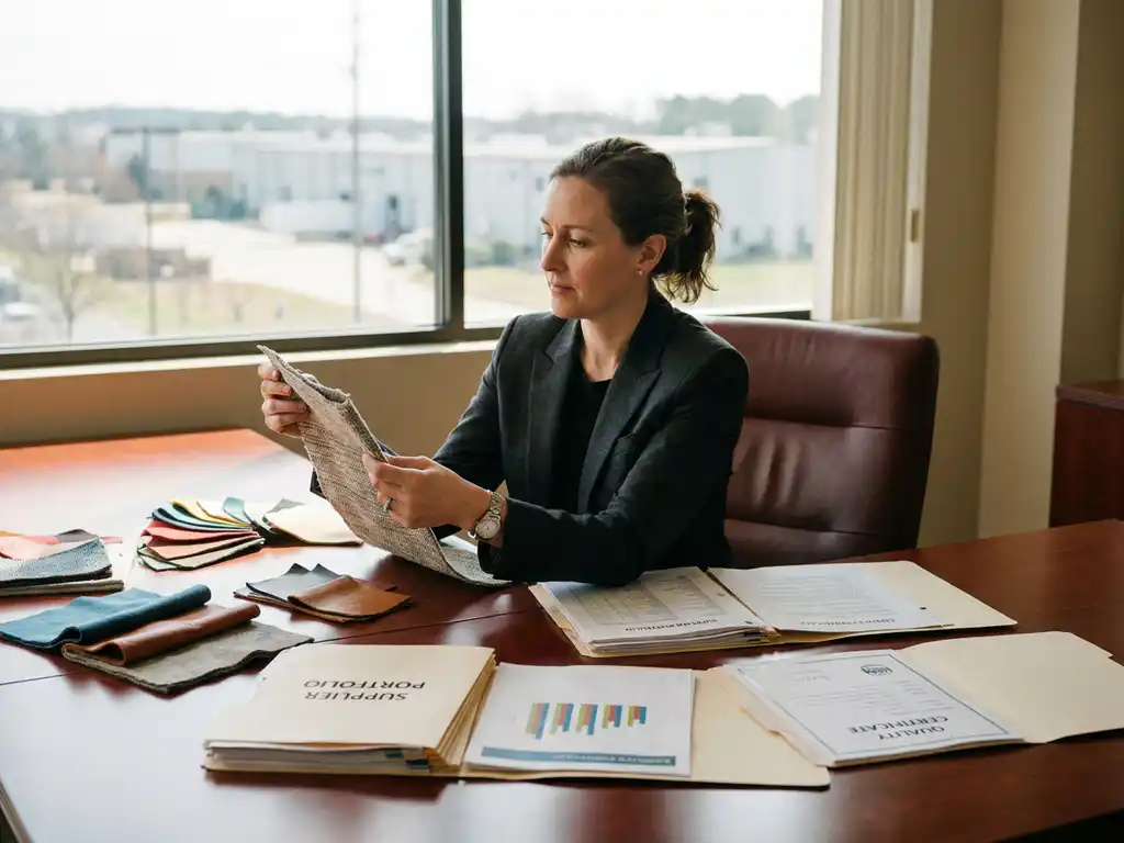 Zakenvrouw onderzoekt productmonsters en leveranciersdocumenten op gepolijste conferentietafel in kantoor met natuurlijk licht