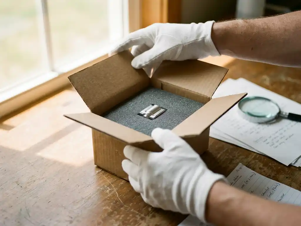 Handen in witte handschoenen openen kartonnen doos met monsterproduct in beschermend schuim op houten bureau naast kwaliteitsdocumenten
