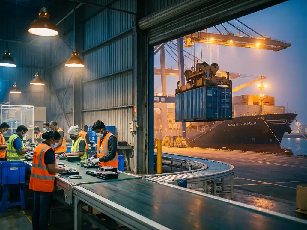 Fabrieksproductielijn met arbeiders die consumentenproducten assembleren, vloeiend overgaand naar vrachtcontainers die op een cargoschip worden geladen