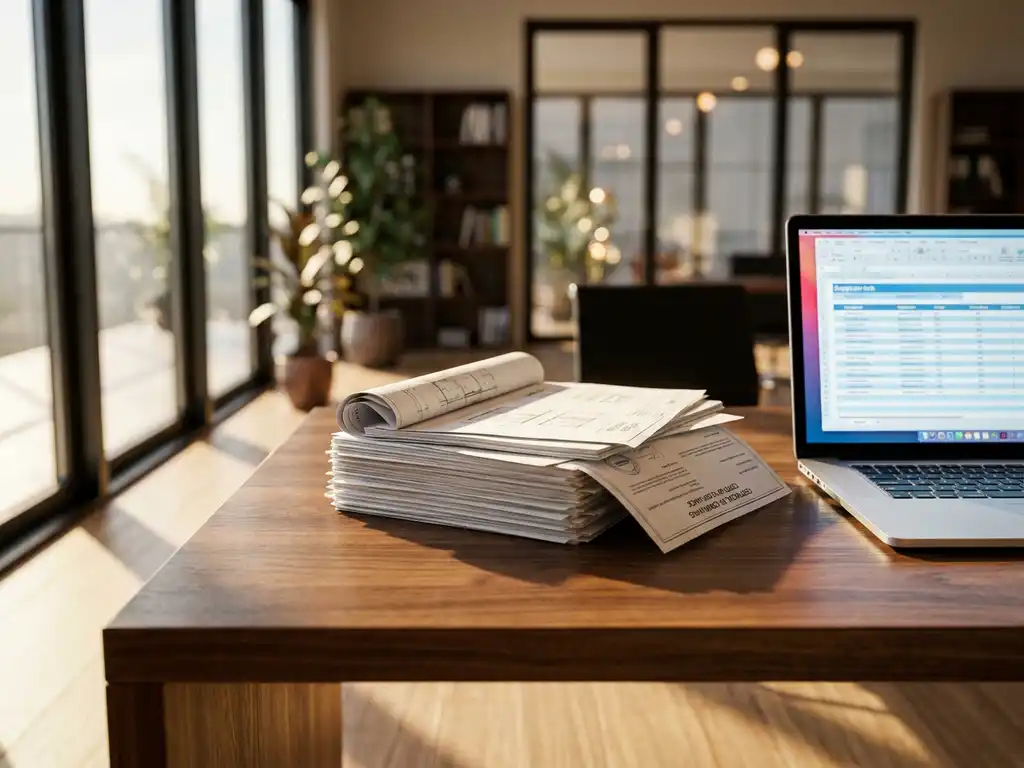 Stapel productiedocumenten met technische tekeningen en certificaten op houten bureau naast laptop in modern kantoor