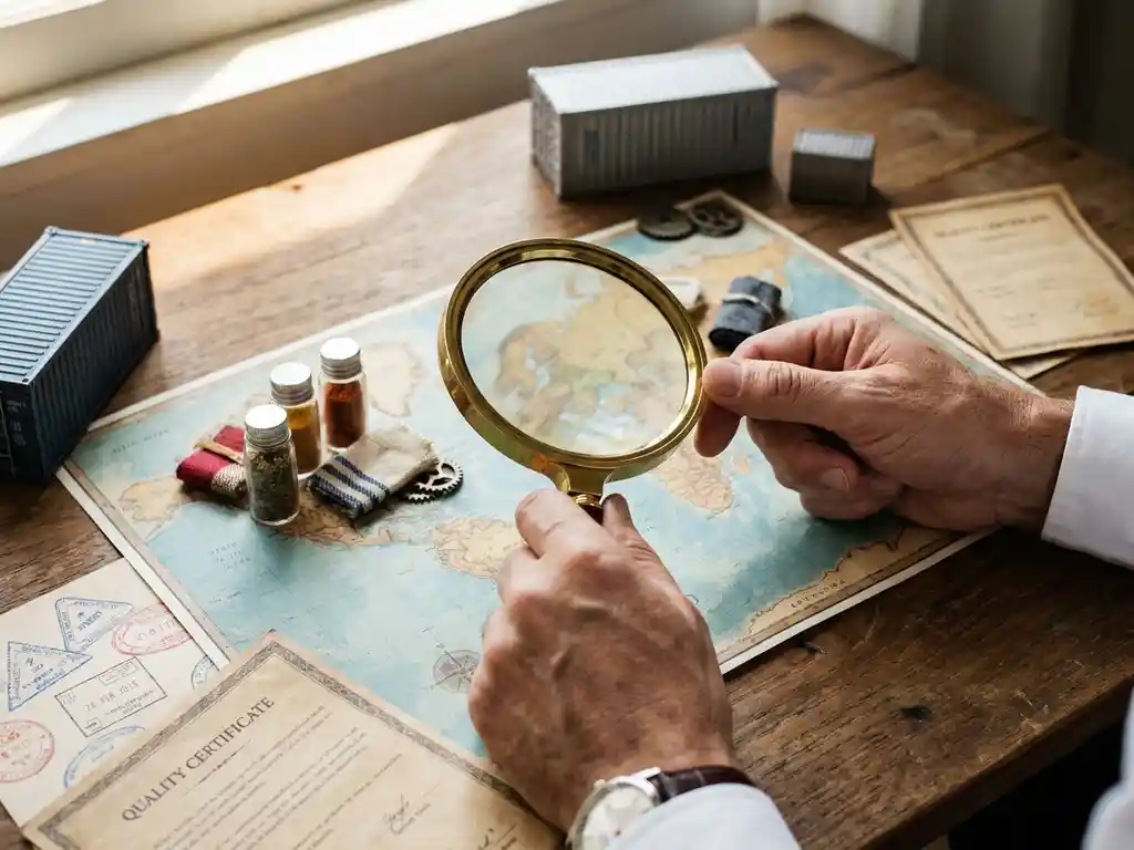 Zakenman houdt vergrootglas boven wereldkaart met productmonsters, paspoort en kwaliteitscertificaten op houten bureau