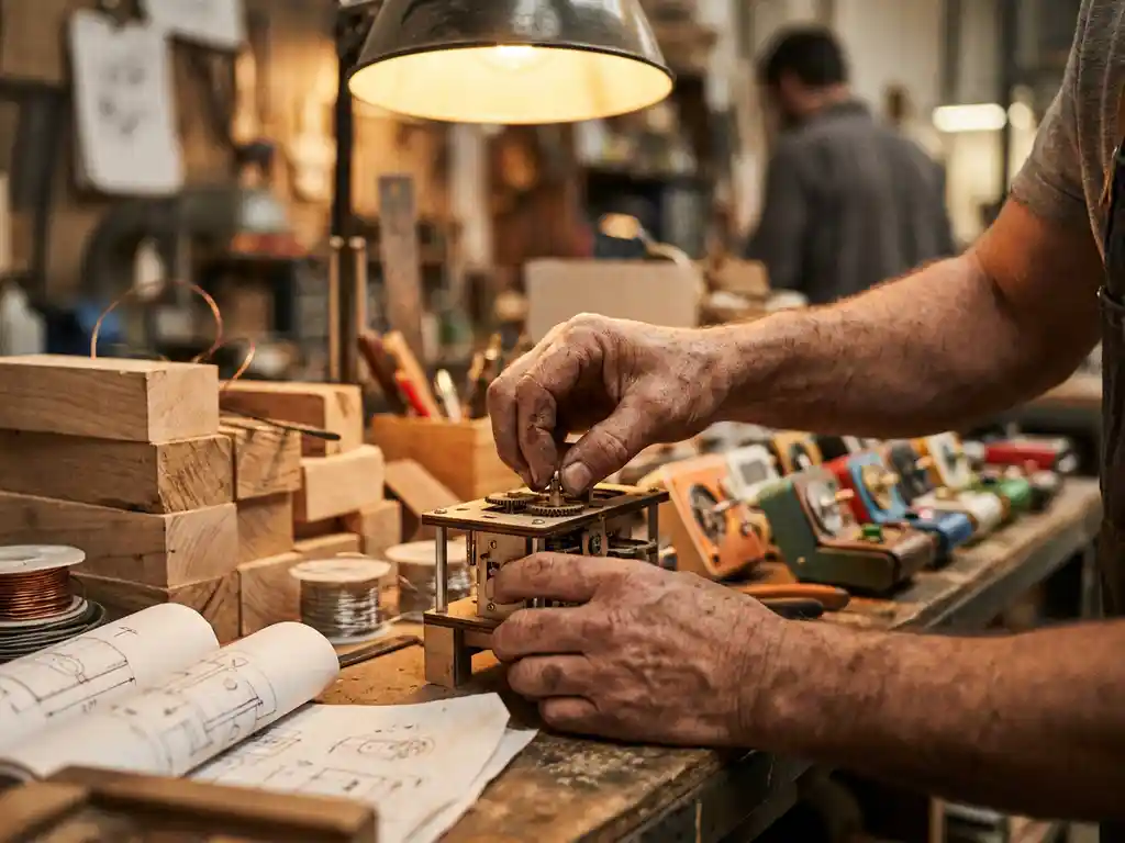 Ambachtspersoon assembleert miniature productprototype op houten werkbank omringd door materialen en schetsen
