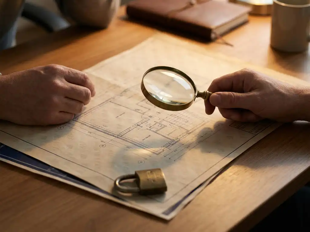 Technische blauwdruk met vergrootglas en hangslot op houten bureau, handen bestuderen documenten onder warme kantoorverlichting