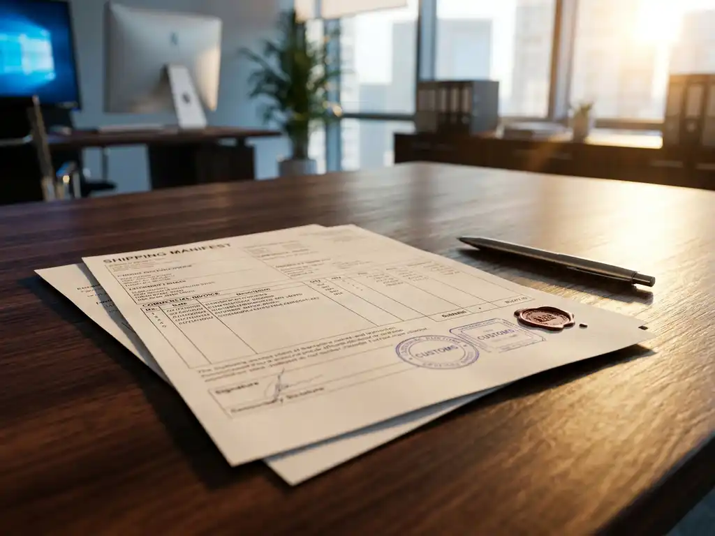 Verzendmanifest en commerciële factuur met douanestempels op houten bureau in modern logistiek kantoor