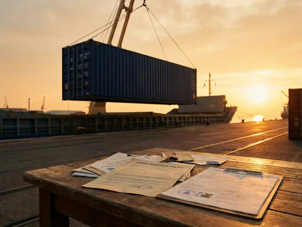Zeecontainer wordt geladen op vrachtschip met verzekeringspapieren en douanedocumenten op houten kade tijdens gouden uur
