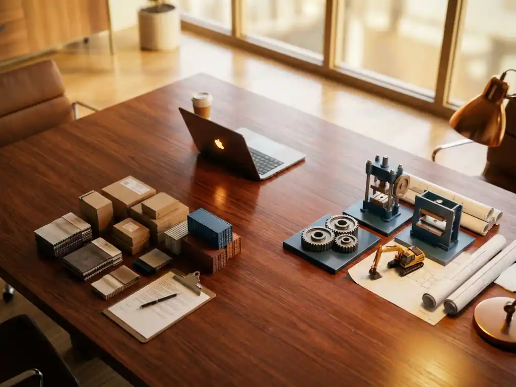 Houten vergadertafel met laptop, productmonsters en industriële machinemodellen die drie verschillende bedrijfstypes vertegenwoordigen