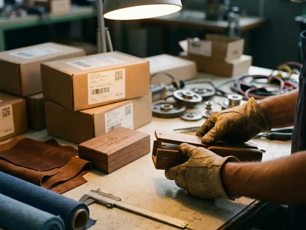 Vakman assembleert op maat gemaakt productprototype op werkbank, omringd door materiaalstalen en meetgereedschap.