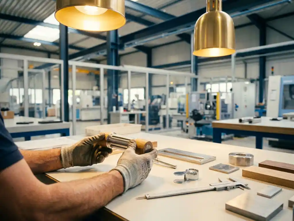 Vakman inspecteert handgemaakt prototype op werkbank in moderne Europese fabriek, precisiegereedschap en materiaalstalen op de voorgrond.