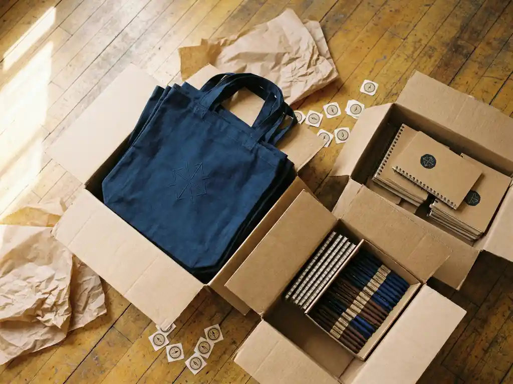 Flat lay van gepersonaliseerde relatiegeschenken in kraft dozen: bedrukte tassen, pennen en notitieboeken met zijdepapier en stickers.
