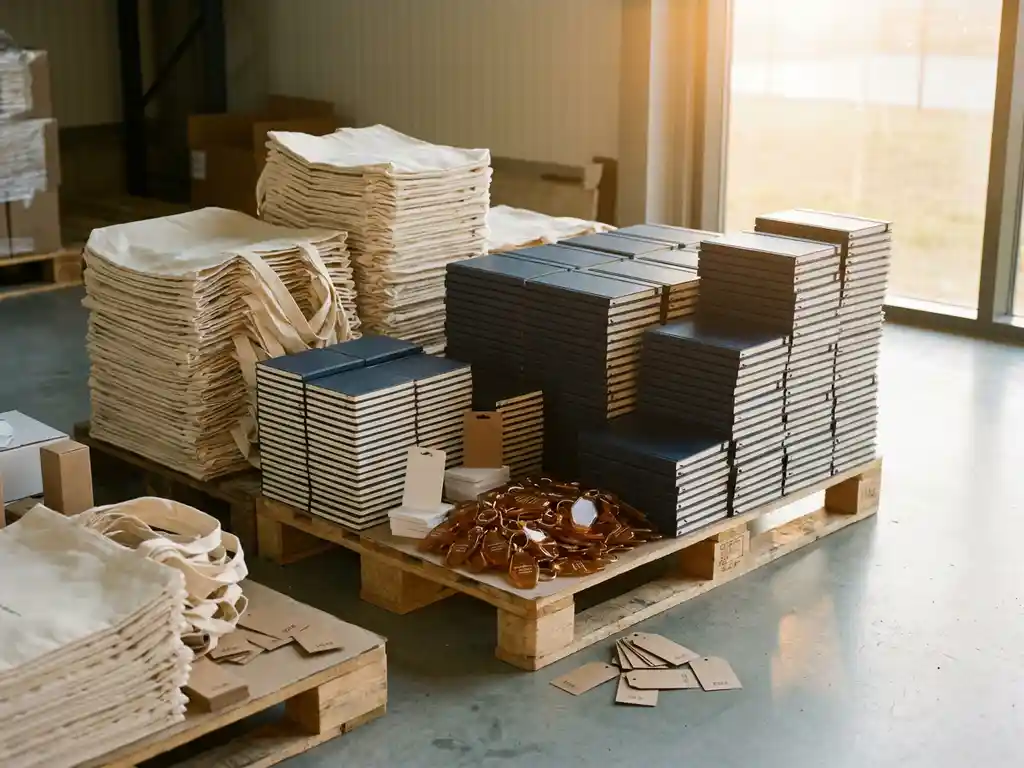 Gestapelde promotionele artikelen zoals tassen, notitieboekjes en sleutelhangers in bulk op een magazijnvloer, verlicht door warm zijlicht.