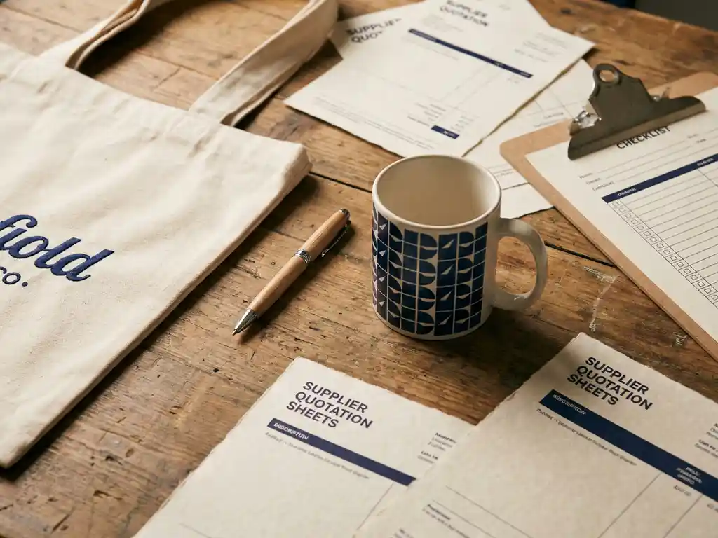 Flatlay van gebrandmerkte tote bag, pen en mok op magazijnbureau, omringd door offertebladen en klembord met checklist.