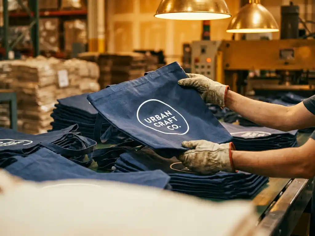 Fabrieksmedewerker in handschoenen inspecteert bedrukte tote bag met merklogo op productielijn.