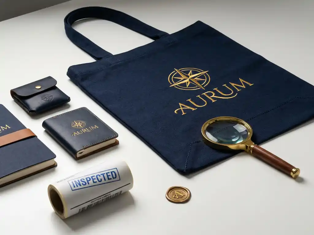 Geborduurde promotionele tote bag met merchandise op witte inspectiepakket, vergrootglas en waszegel in goud en marineblauw.