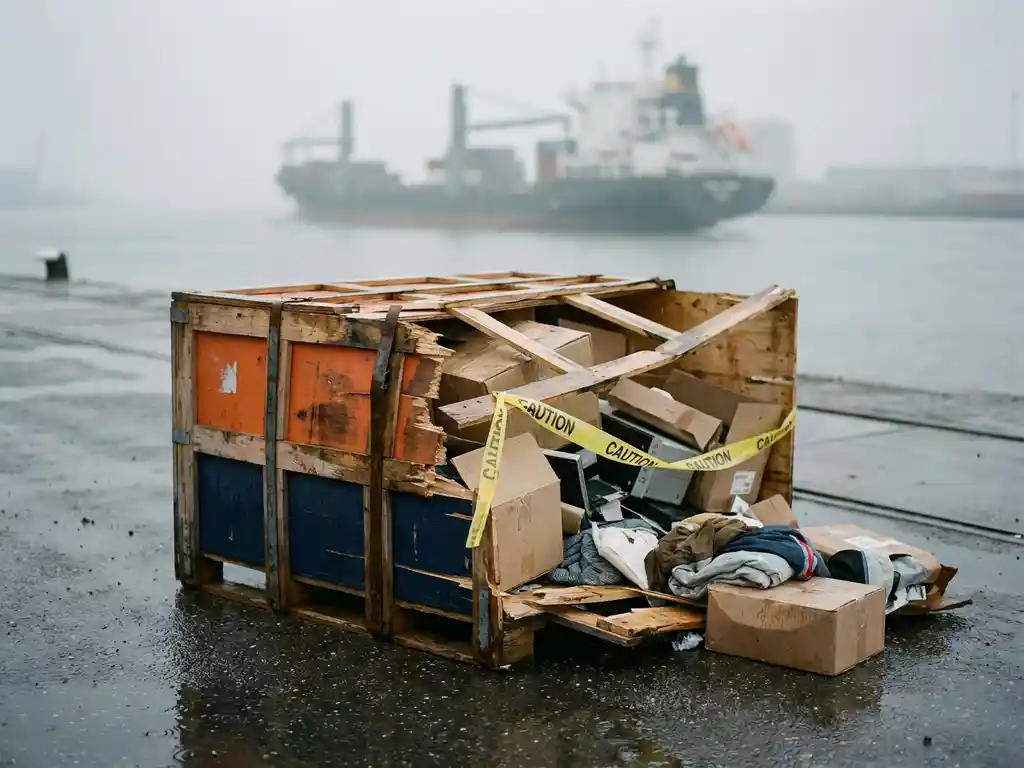Gebarsten houten transportkist op natte Rotterdamse kade met beschadigde goederen, geelzwart waarschuwingslint en vrachtschip op achtergrond.