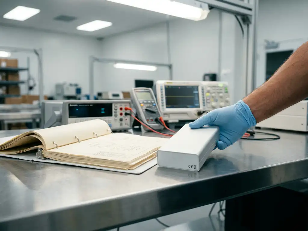 Witte elektronische CE-gecertificeerde apparaat op inspectietafel naast opengeslagen technisch compliance-dossier met testapparatuur.