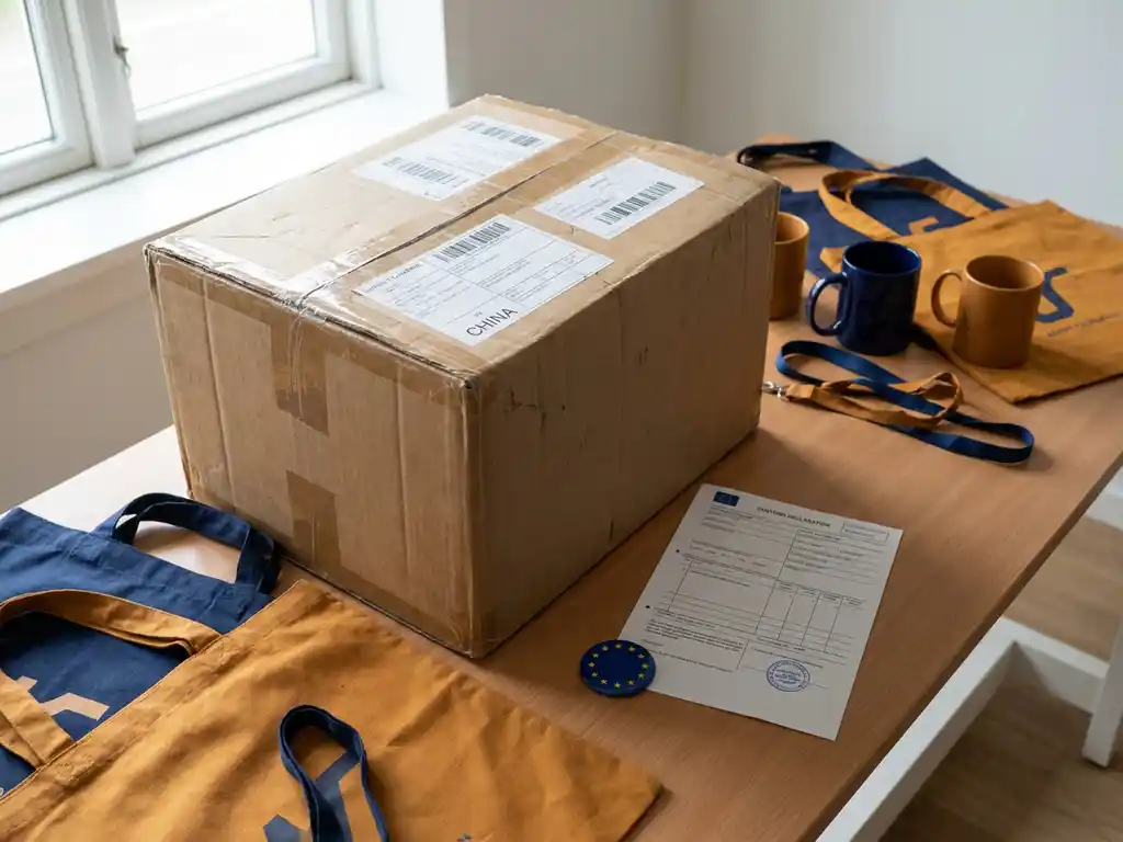 Verzegelde kartonnen doos uit China op douane-inspectietafel met promotionele merchandise, EU-vlagspeld en officieel afgestempeld document.