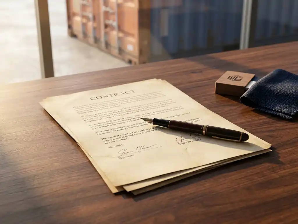 Ondertekend contract op houten bureau met productmonsters, stoffen staal en vulpen, vrachtcontainer zichtbaar op de achtergrond.