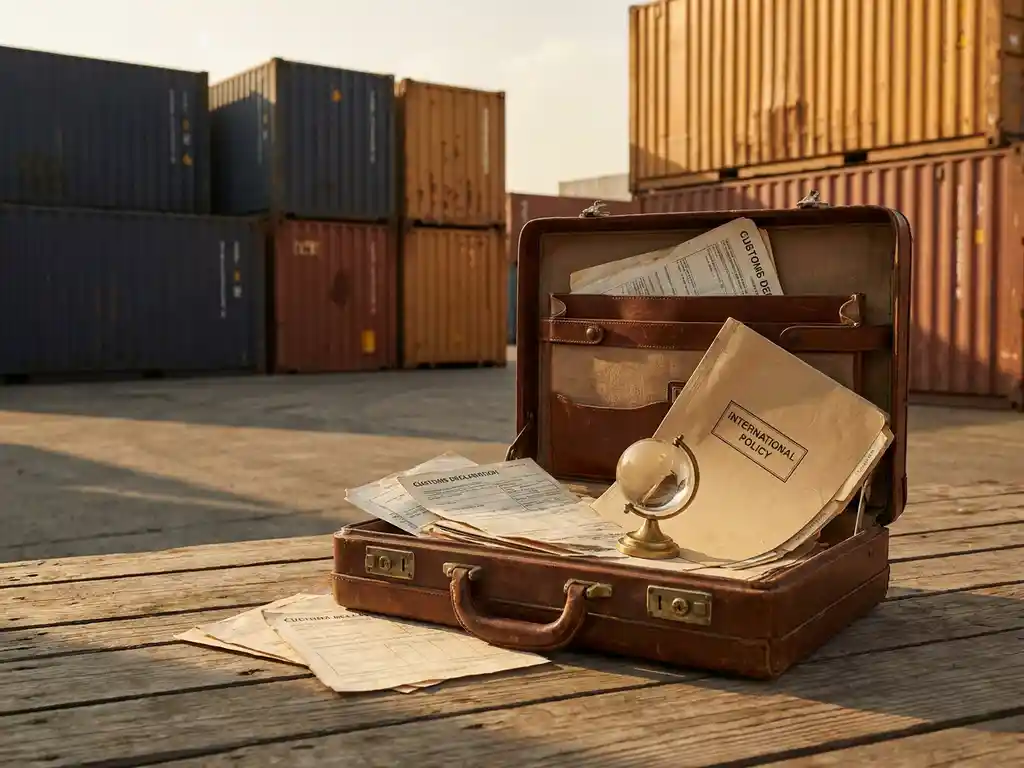 Verweerde leren aktetas op een laaddok met douaneformulieren, beleidsdossier en wereldbol, internationale vrachtcontainers op de achtergrond.