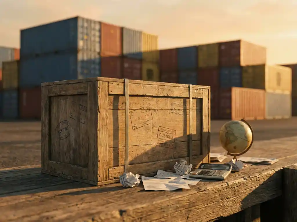 Verouderde houten scheepskist met douanestempels op een drukke havenkade, omringd door facturen, rekenmachine en wereldbol.