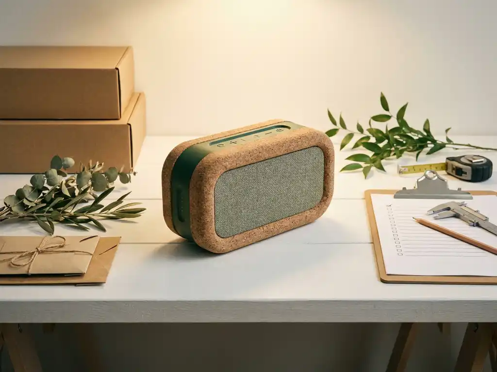 Duurzaam productprototype van kurk en gerecyclede materialen op witte werktafel met eco-verpakking en groene bladtakjes.