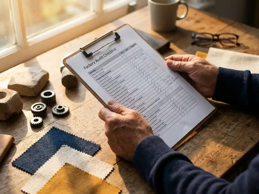 Inkoopprofessional houdt fabrieksaudit checklist op klembord, omringd door productmonsters en stoffen op houten bureau.