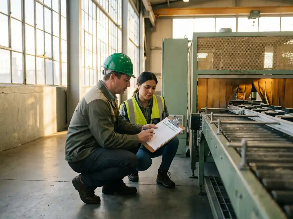 Fabrieksauditor met helm controleert duurzaamheidschecklist met productiemedewerker bij moderne assemblagelijn.