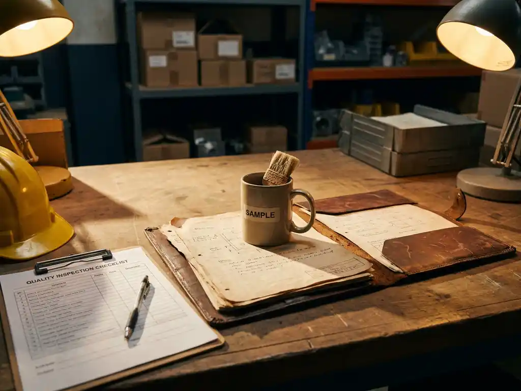 Opengeslagen leren contractmap op fabrieksbureaublad met productmonster, helm en kwaliteitschecklist, industriële schappen op achtergrond.