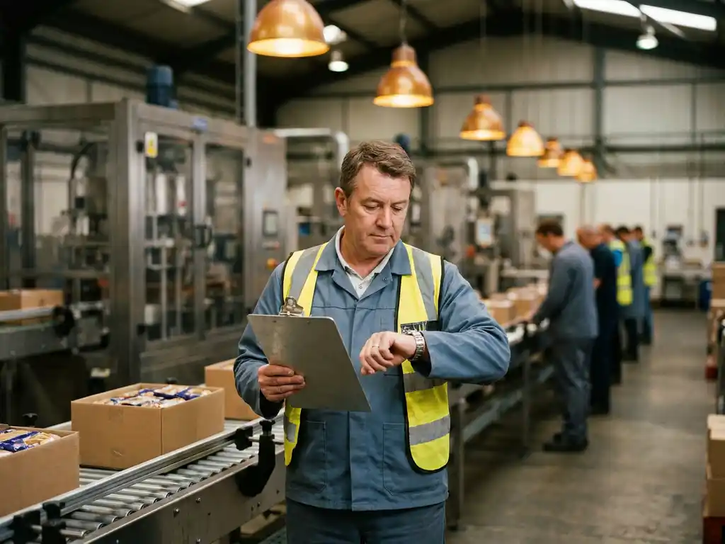 Fabrieksmanager met klembord controleert horloge naast lopende band met verpakte producten, warme industriële verlichting.