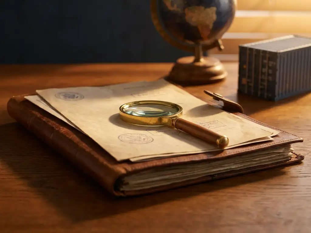 Opengevouwen leren dossiermap op eiken bureau met fabriekscertificaten en vergrootglas, globe en scheepscontainer op achtergrond.