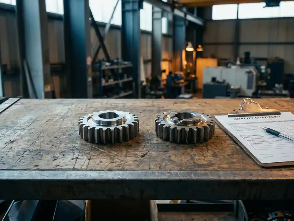 Twee fabrieksmonsters op een verweerde inspectietafel: één vlekkeloos, één met zichtbare gebreken, met kwaliteitschecklist op klembord.