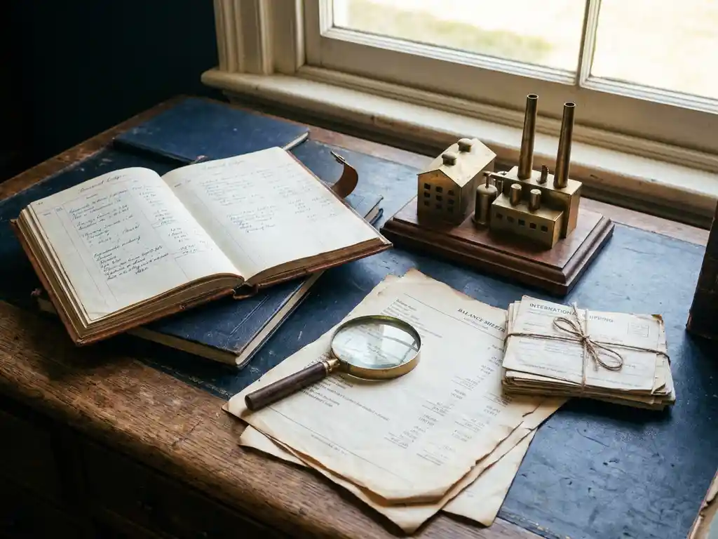 Verouderd houten bureau met open financieel grootboek, miniatuur fabrieksmodel en vergrootglas op balansoverzichten bij internationale verzenddocumenten.