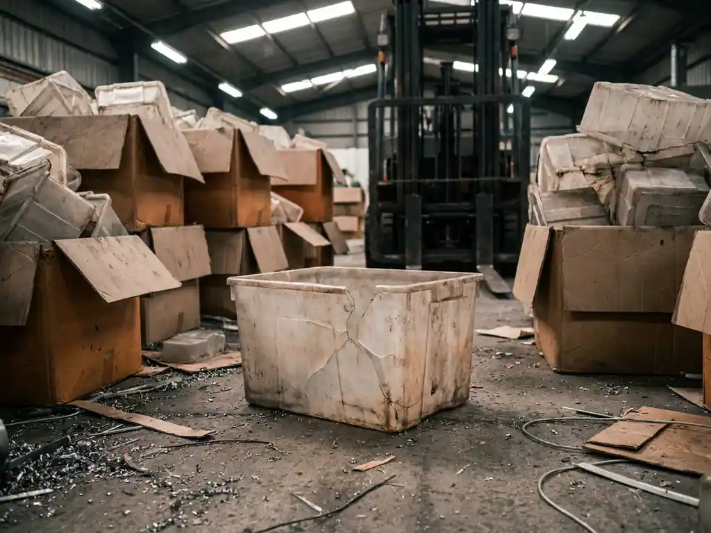 Vervormd en gebarsten plastic huishoudcontainer op fabrieksloer, omringd door dozen met defecte eenheden en een heftruck op de achtergrond.