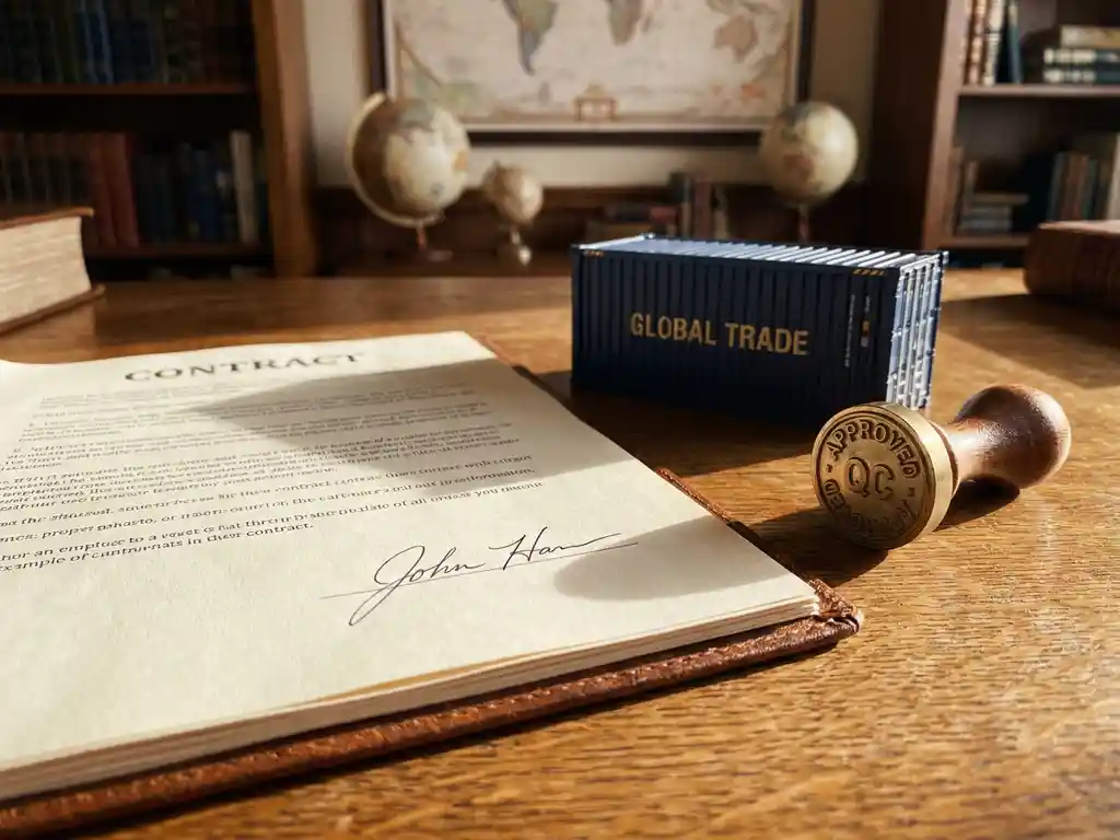 Ondertekend contract op eikenhouten bureau naast miniatuur vrachtcontainer en kwaliteitsstempel, warme belichting in professioneel import-exportkantoor.