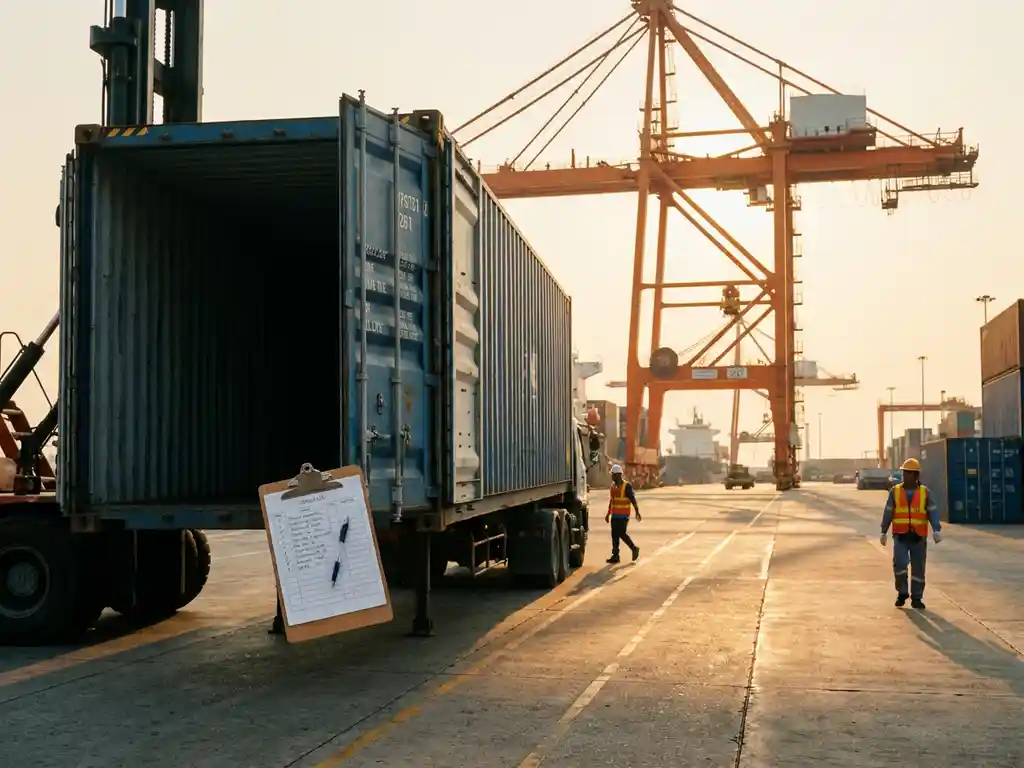 Vrachtcontainer die wordt gelost in een drukke Aziatische haven, met een productiechecklist op een klembord en een containerkraan op de achtergrond.