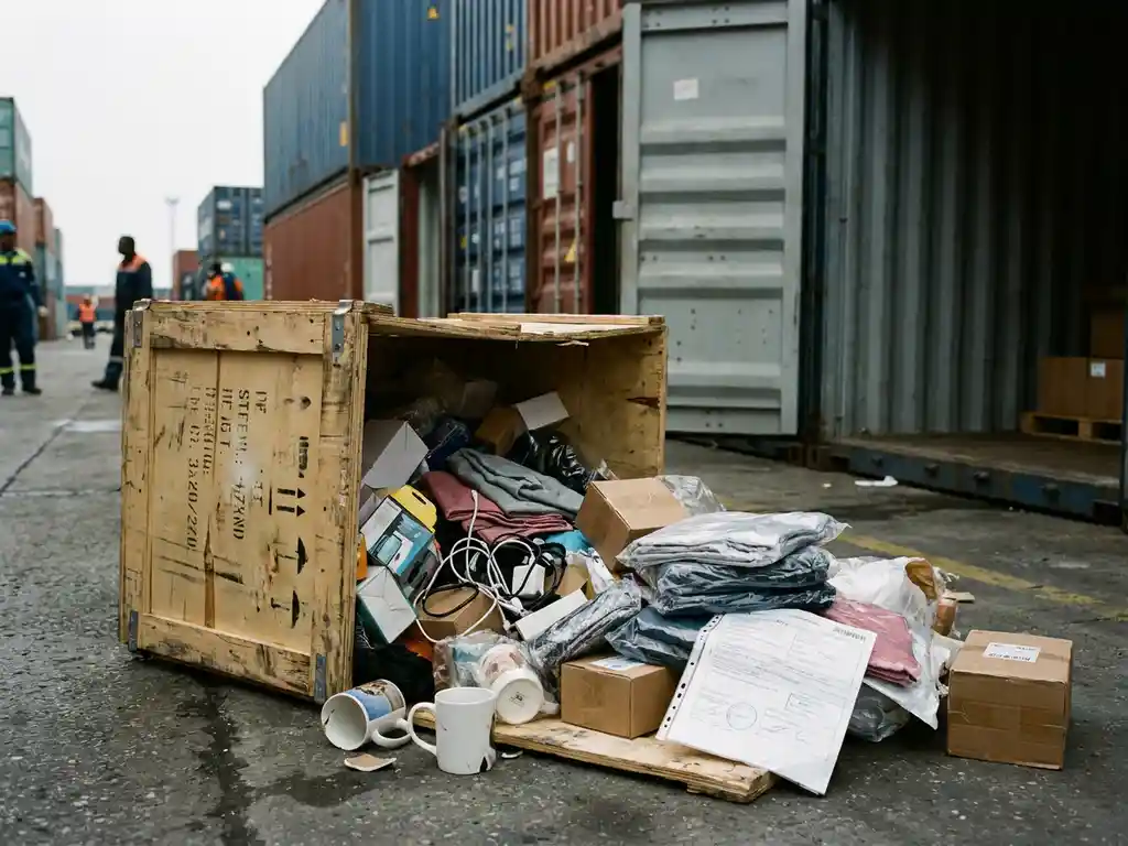 Omgevallen houten krat op een drukke havenkade, gemorste consumentengoederen en gedeeltelijk zichtbaar douanedocument, vrachtcontainers op achtergrond.
