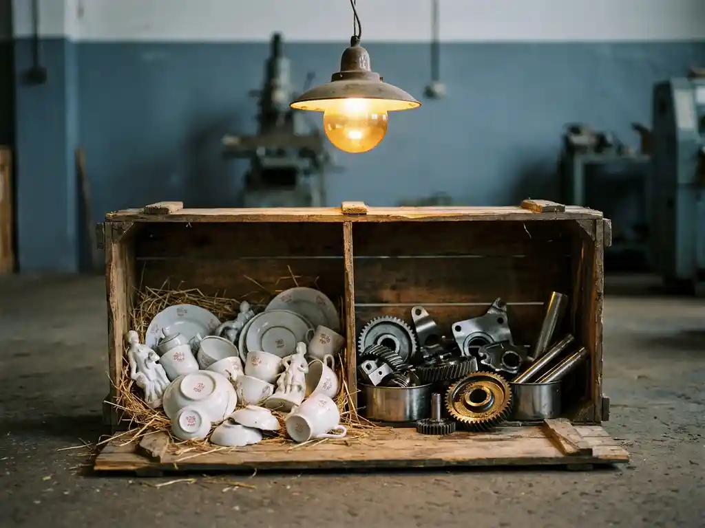 Verweerde houten scheepskist op betonvloer met porselein fabrieksgoed en Europese metalen onderdelen onder industriële hanglamp.
